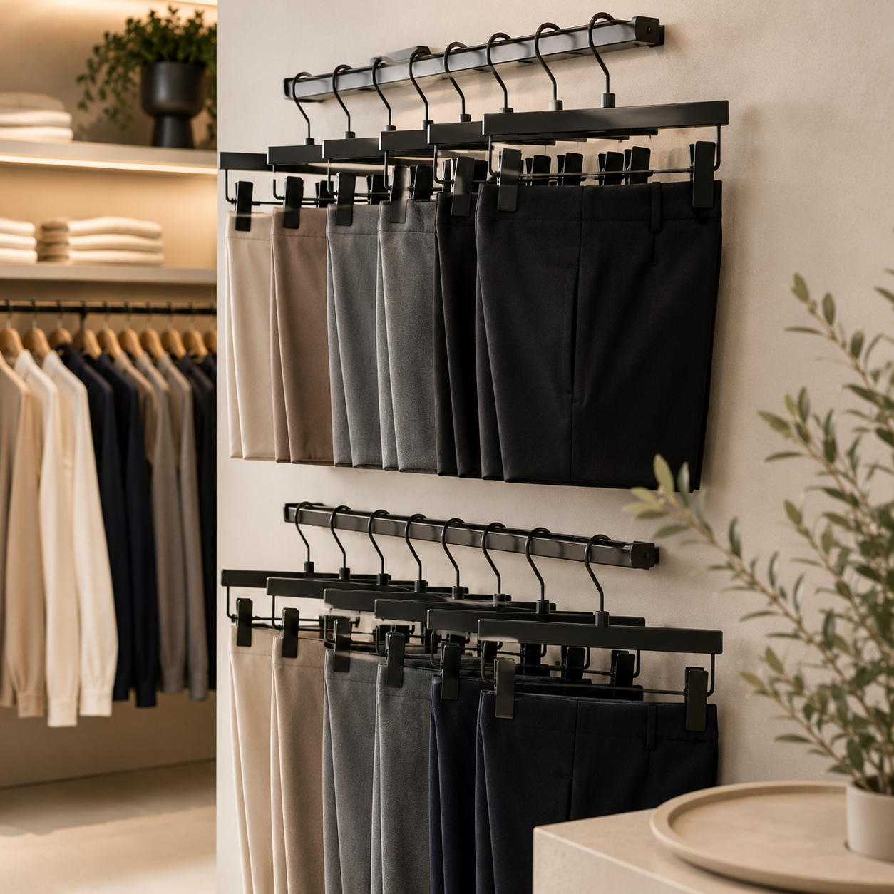 Udvalg af buksebøjler i metal, plast og træ til butik