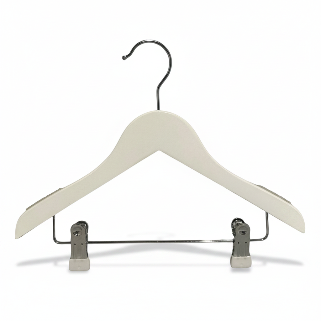 Trekleshenger, massiv, flat, junior, med klemme, hvit, 32 cm. Pakke med 10 stk. Stykkpris