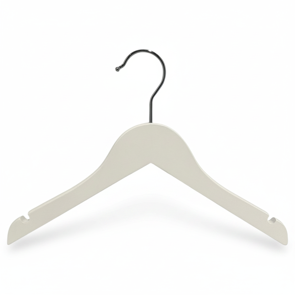 Træbøjle, massiv, flat, junior, med hakk og uten stang, hvit, 32 cm. Pakke m/ 10 stk. Enhetspris