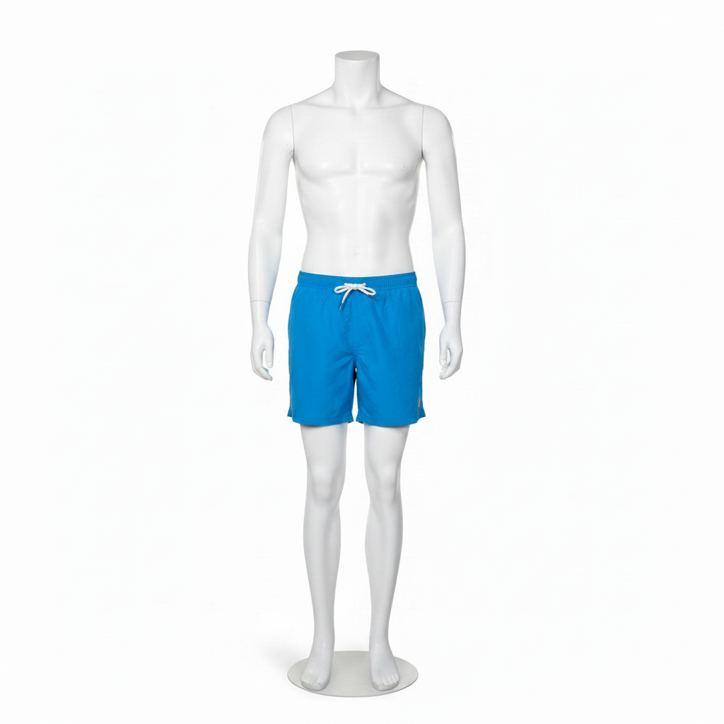 3000 herremannequin. Hvit uten hode. Rund metallfot. H 170 cm. Modell B - står rett
