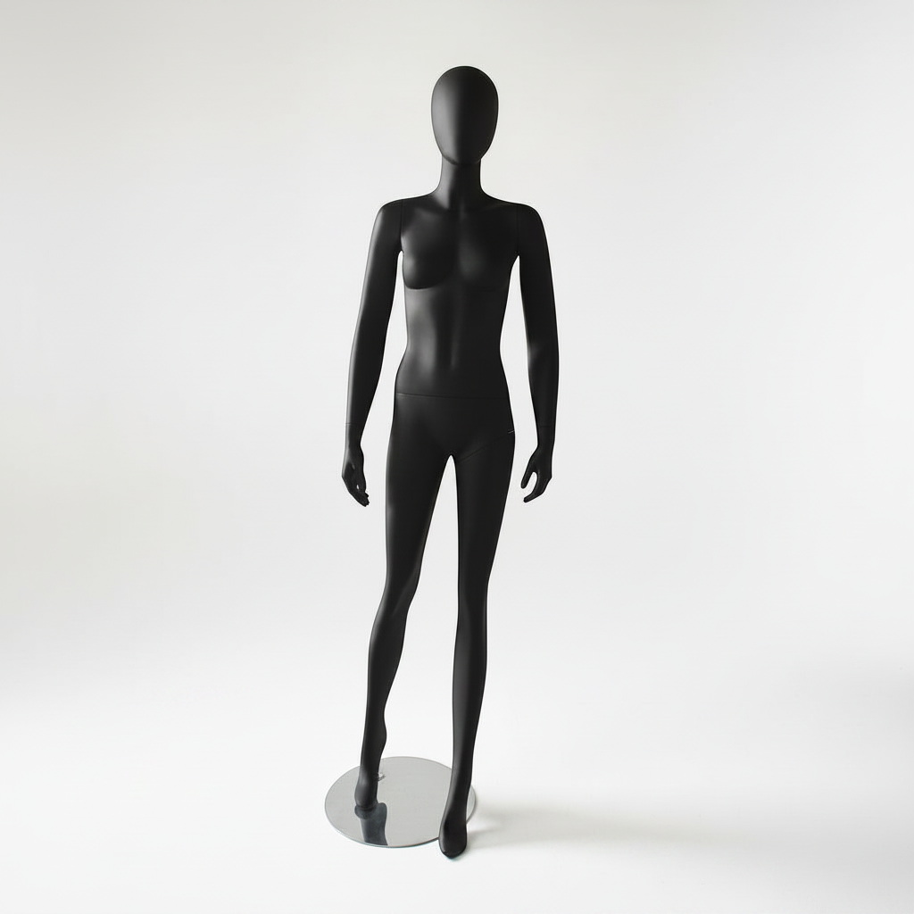 1300 Faceless damemannekeng. Sort med hode (egg). Rund metallfot. H 180 cm. Modell A