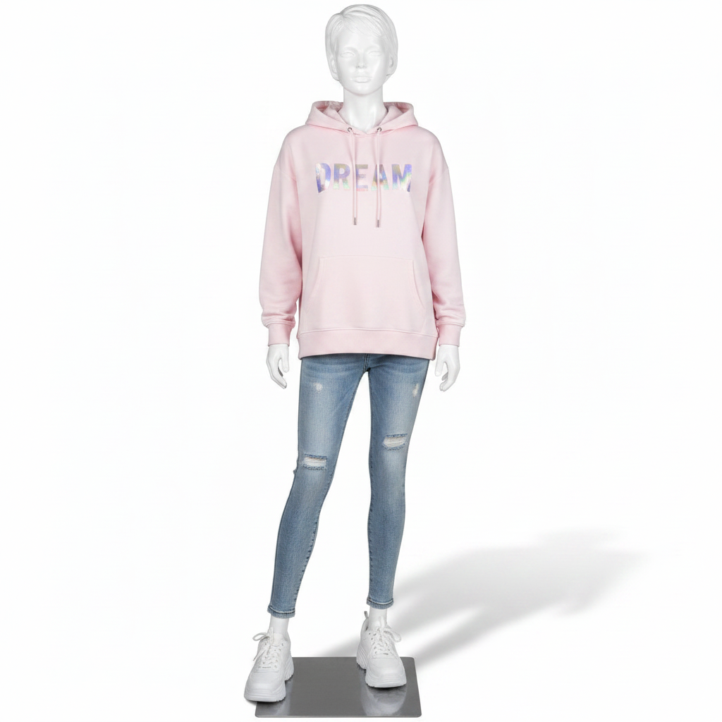 Tenåringsmannequin. Hvit med hode, ansikt og skulpturert hår. Jente 16 år. Står rett