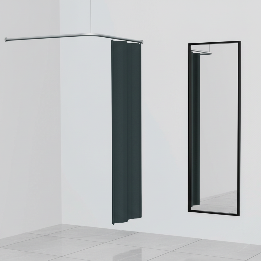 Prøverom, V-løsning (hjørneløsning), inkl. svart forheng, aluminium-farget gardinstang. 100 x 100 cm, fritt hengende