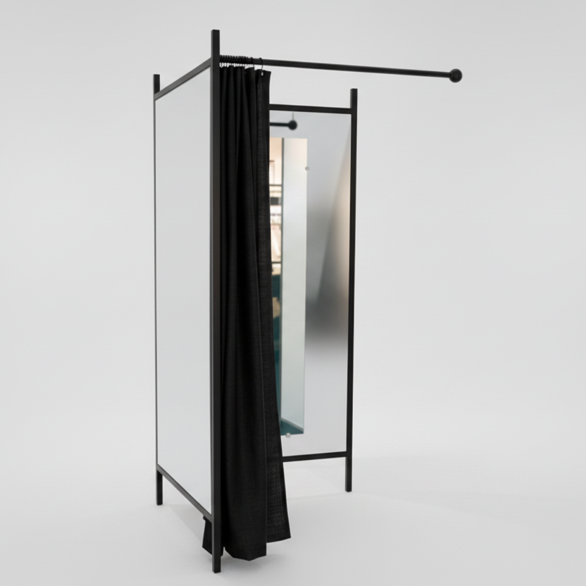 2-sidet prøverom. Sett med ramme i svart, inkl. 1 sort gardin, plate i hvitt. B 100 x D 100 x H 210 cm.