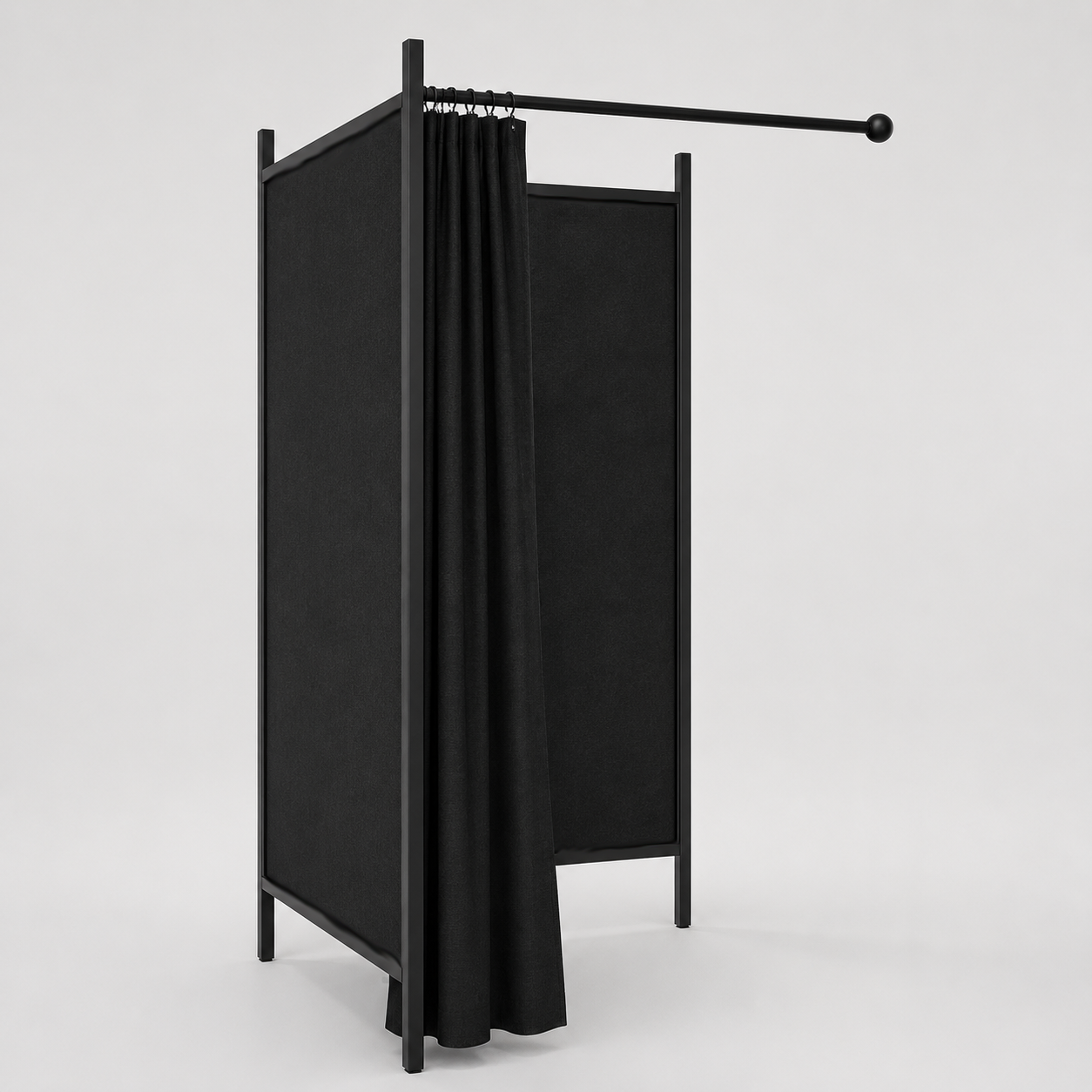 Flex, prøverom, 2 sider, ramme i svart, inkl. 1 svart forheng, STOFFSIDER i svart, 100 x 100 cm.