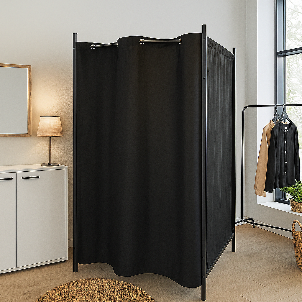 Gardin, til gardinstang 100 cm med kovs Ø 3 cm, svart, B135 x H193 cm.