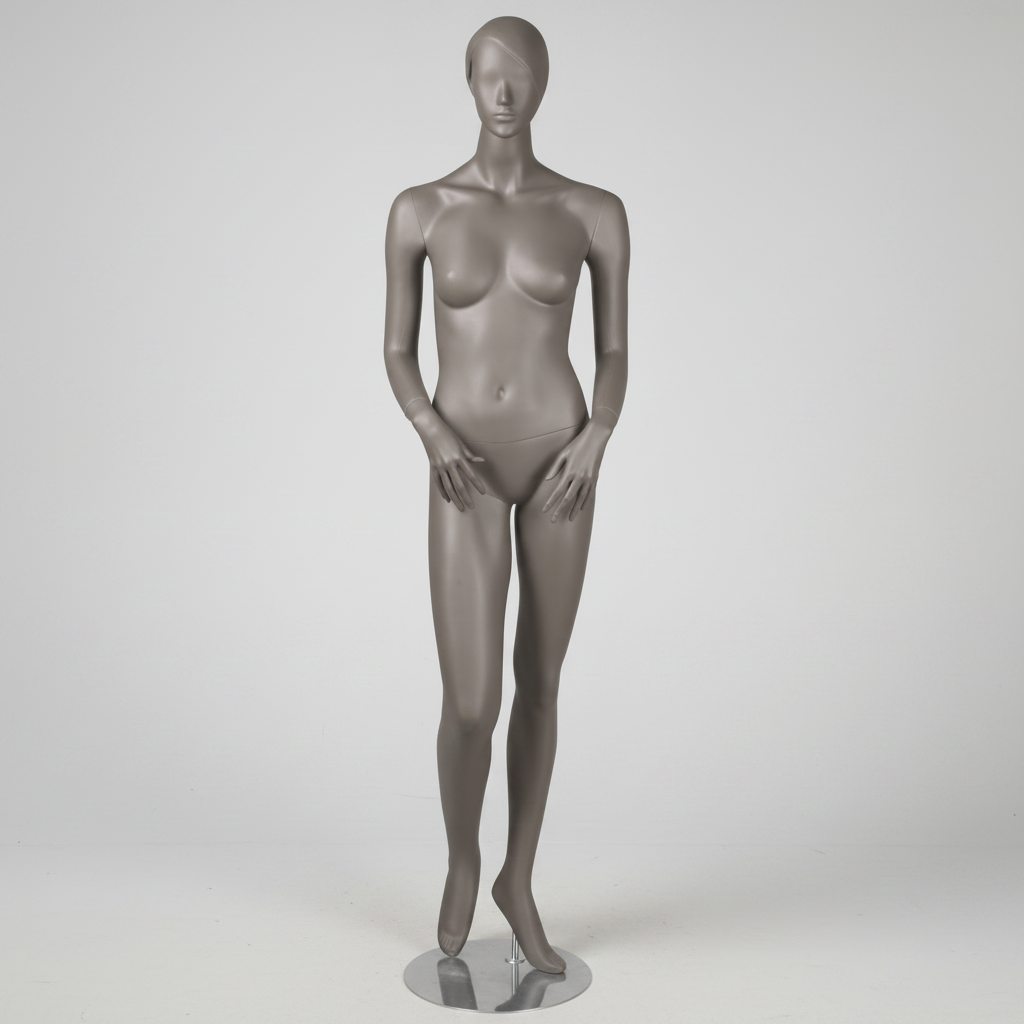 1400 damemannken. Grå, matt med hode, ansikt og skulpturert hår. H 178 cm. Hender foran