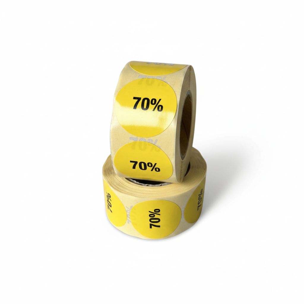 Gult rabattklistremerke 70%. Rull med 500 stk. Ø 30 mm.