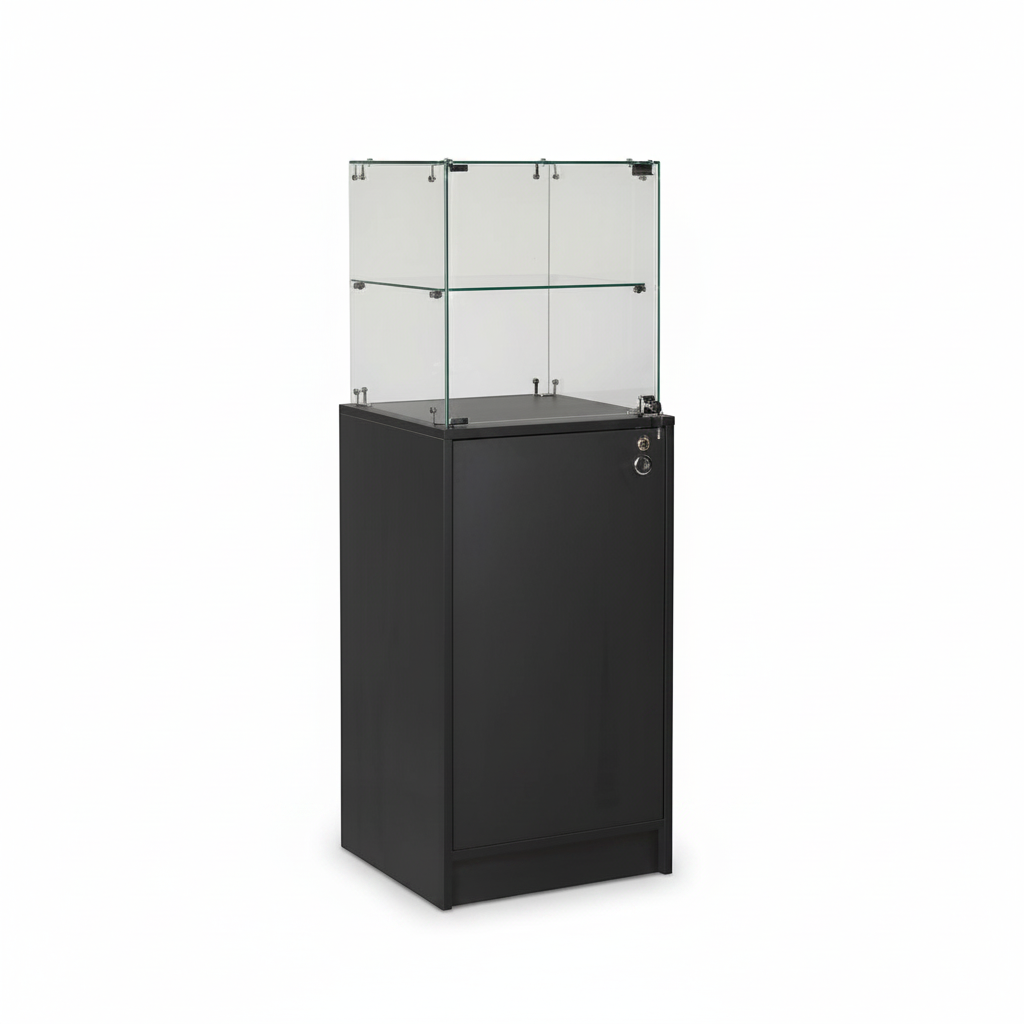 Slimline vitrineskap med underskap. Lås i vitrinedør og skap, sort, B46 x D46 x H148