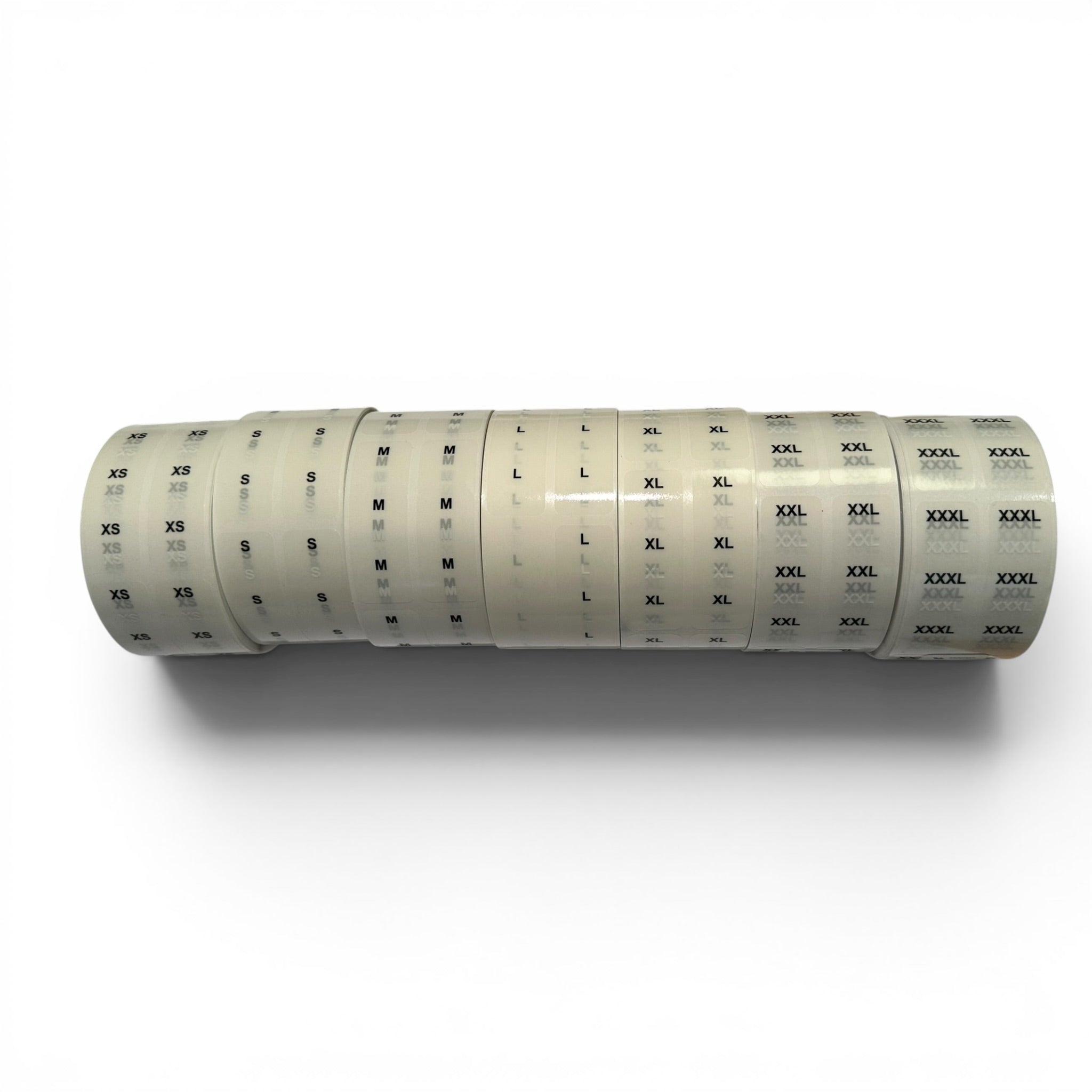 Størrelsesetiketter - Sett m/ 5 rl. - Alle i én eske. Se alle sampak