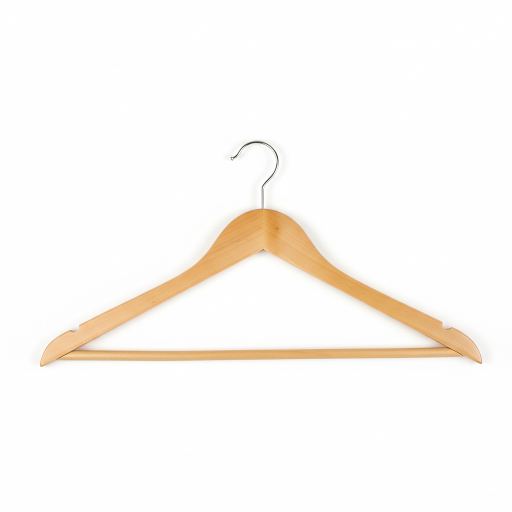 Træbøjle, massiv, flad, voksen, med stang, natur, 12 mm tyk, 45 cm