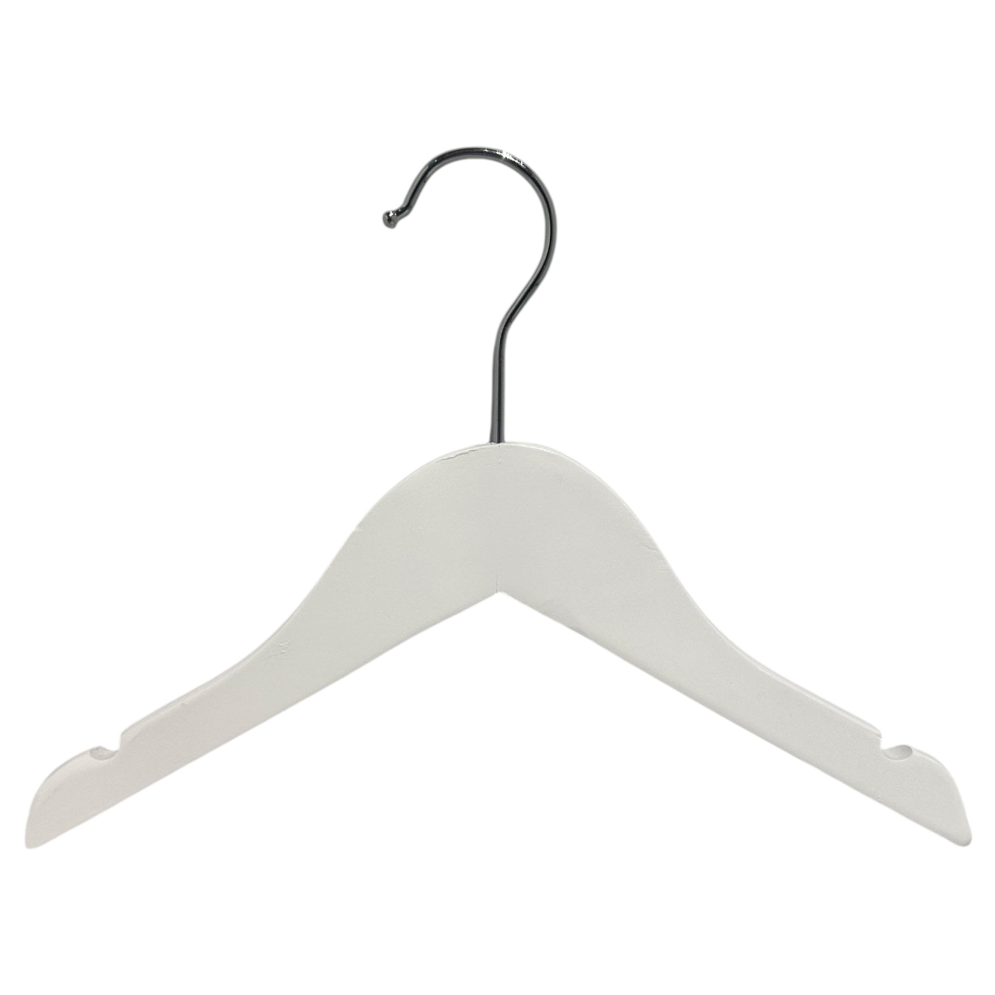 Tre-kleshenger i massiv tre, flat, baby, med hakk og uten stang, hvit, 27 cm