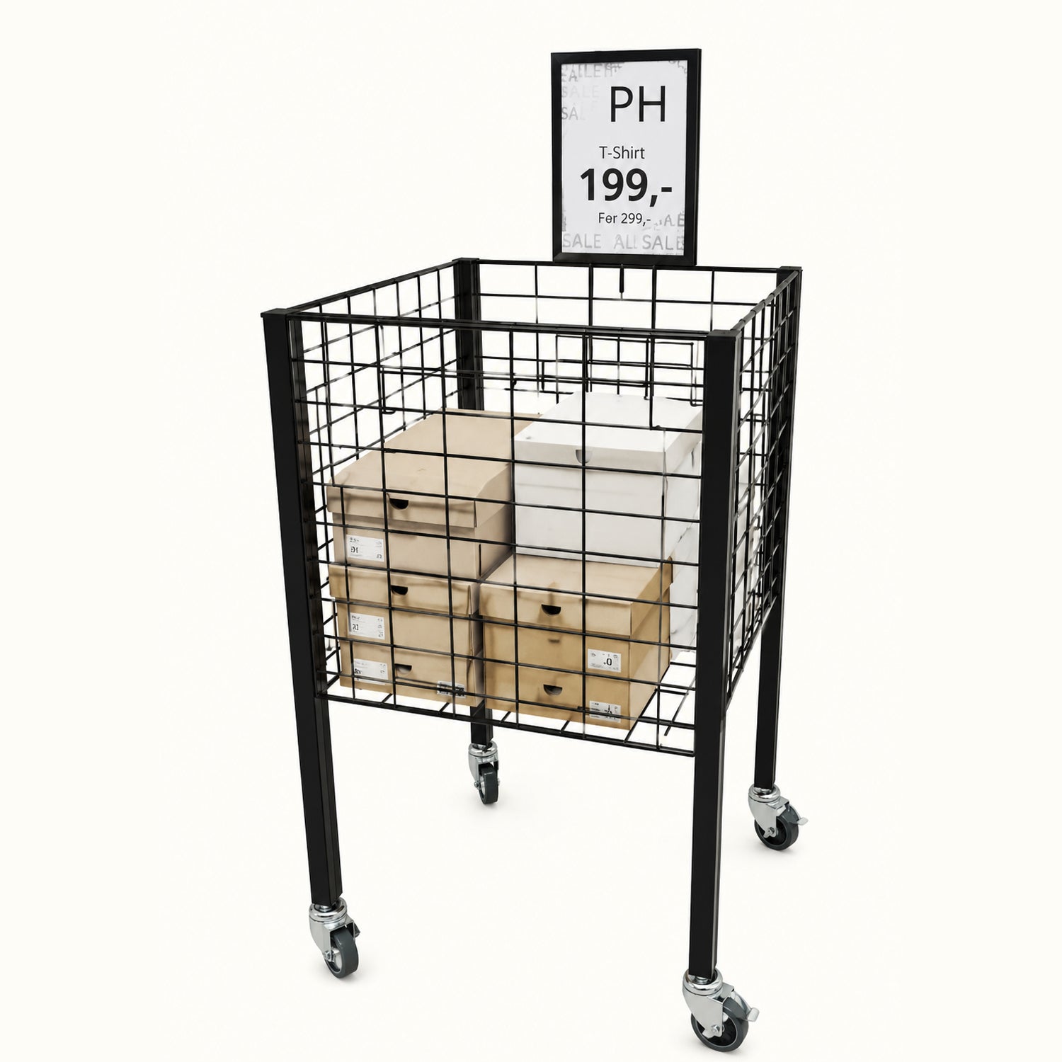 Boxer I salgskurv med hjul og justerbar bunn – svart, 50 x 50 x H90 cm