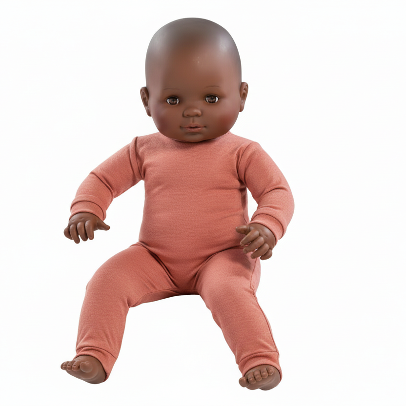 Babydukke-mannekeng. H 60 cm. Mørk hudfarge