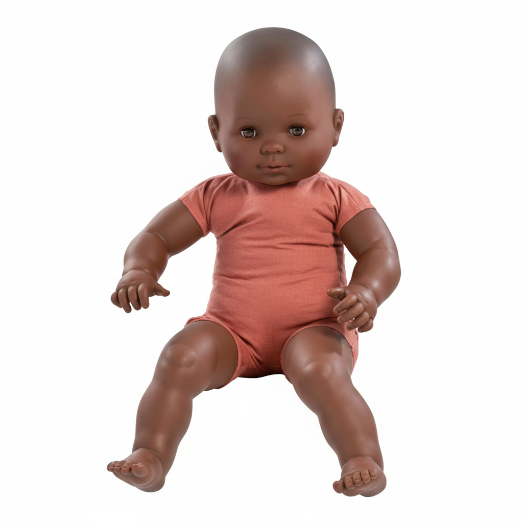 Babydukke-mannekeng. H 60 cm. Mørk hudfarge