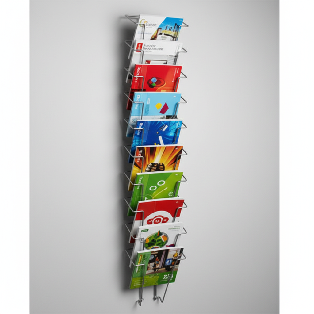 Brochureholder til vegg, A5, 9 rom, aluminium, 16,5 x H78 cm.