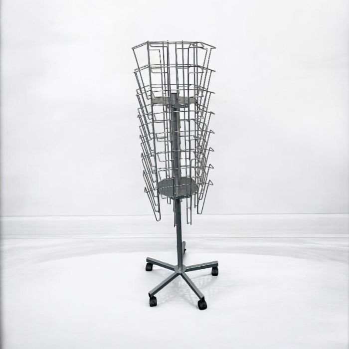 Brosjyrekarussell, A4, med 32 lommer, aluminiumfarget, B23 x D23 x H119 cm.