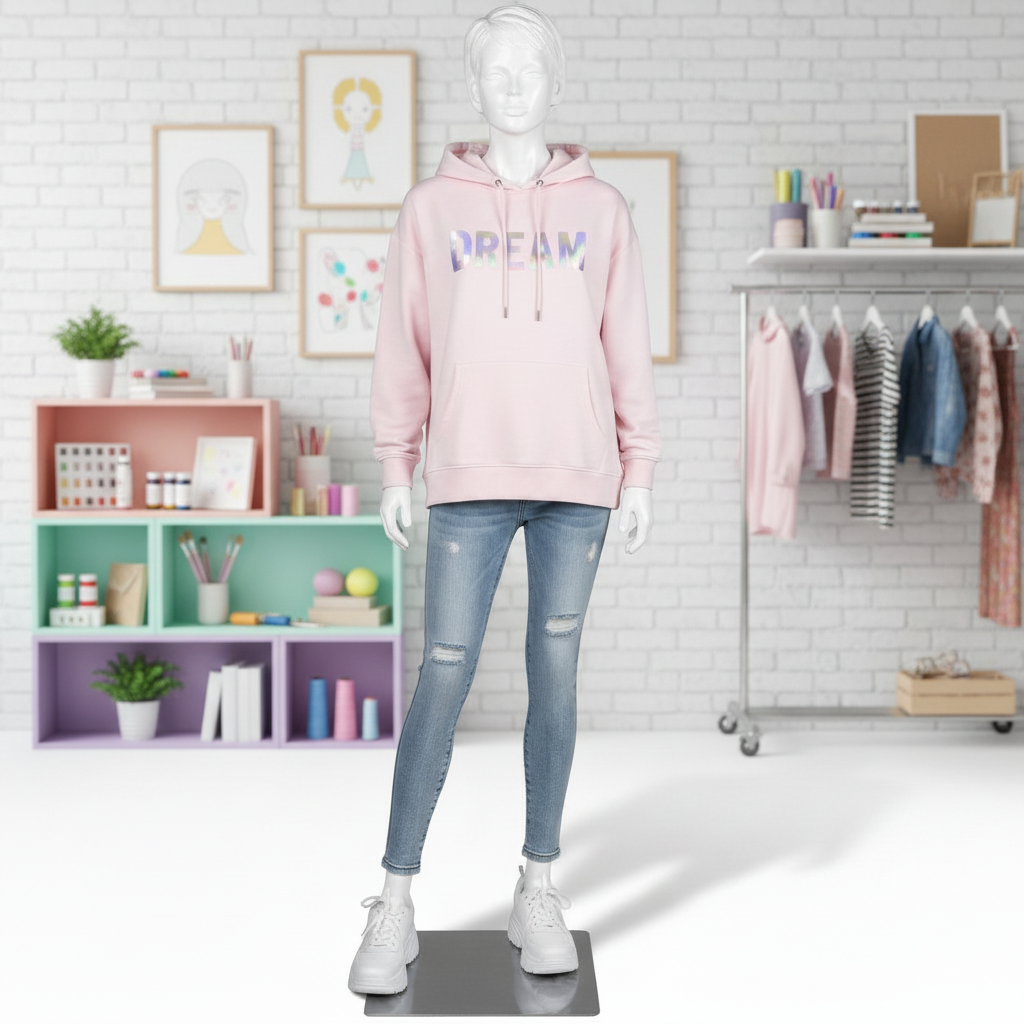 Tenåringsmannequin. Hvit med hode, ansikt og skulpturert hår. Jente 16 år. Står rett