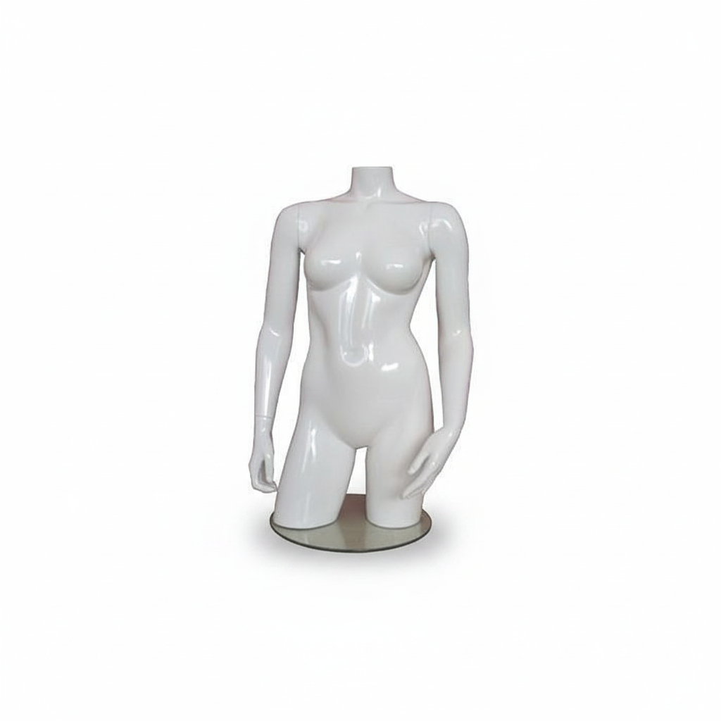 Dameduke i glassfiber. Hvit high gloss uten hode. Torso med hofter. På fotplate.