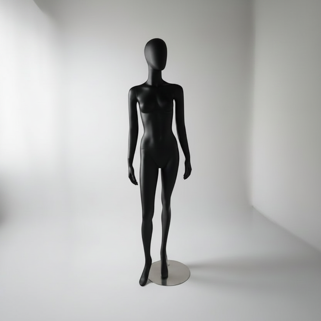 1300 Faceless dame­mannequin. Sort med hode (egg). Rund metallfot. H 180 cm. Modell B