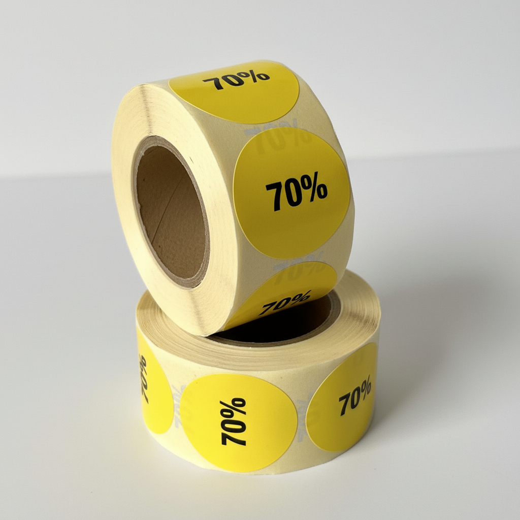 Gult rabattklistremerke 70%. Rull med 500 stk. Ø 30 mm.