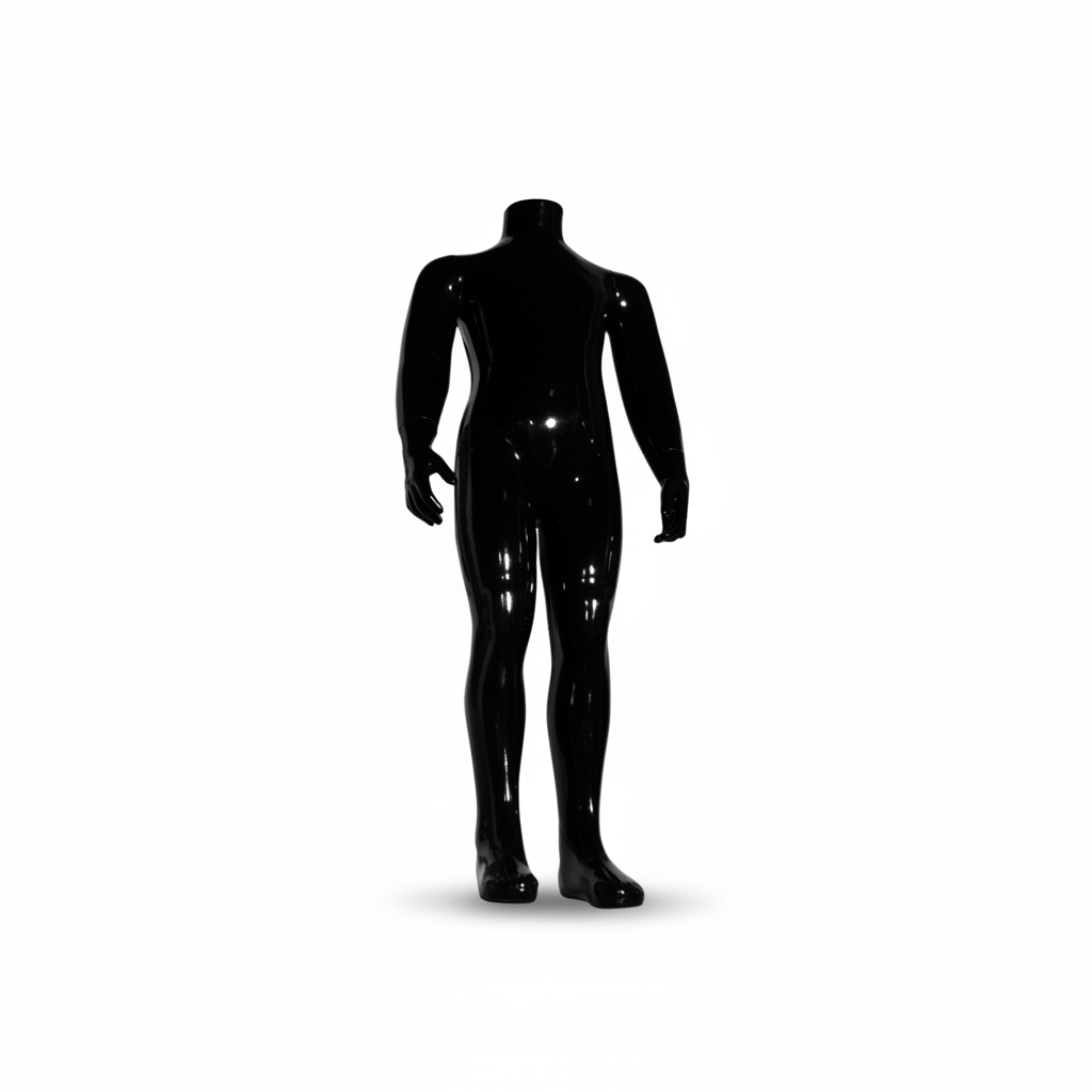 Barnemannekeng. Sort høyglans. 4–6 år. H 90 cm. Rund glassfotplate