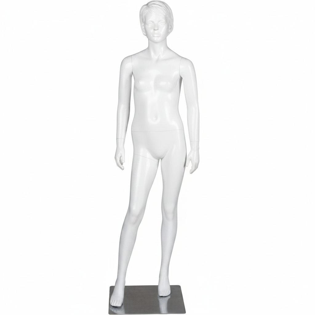 Tenåringsmannequin. Hvit med hode, ansikt og skulpturert hår. Jente 16 år. Står rett