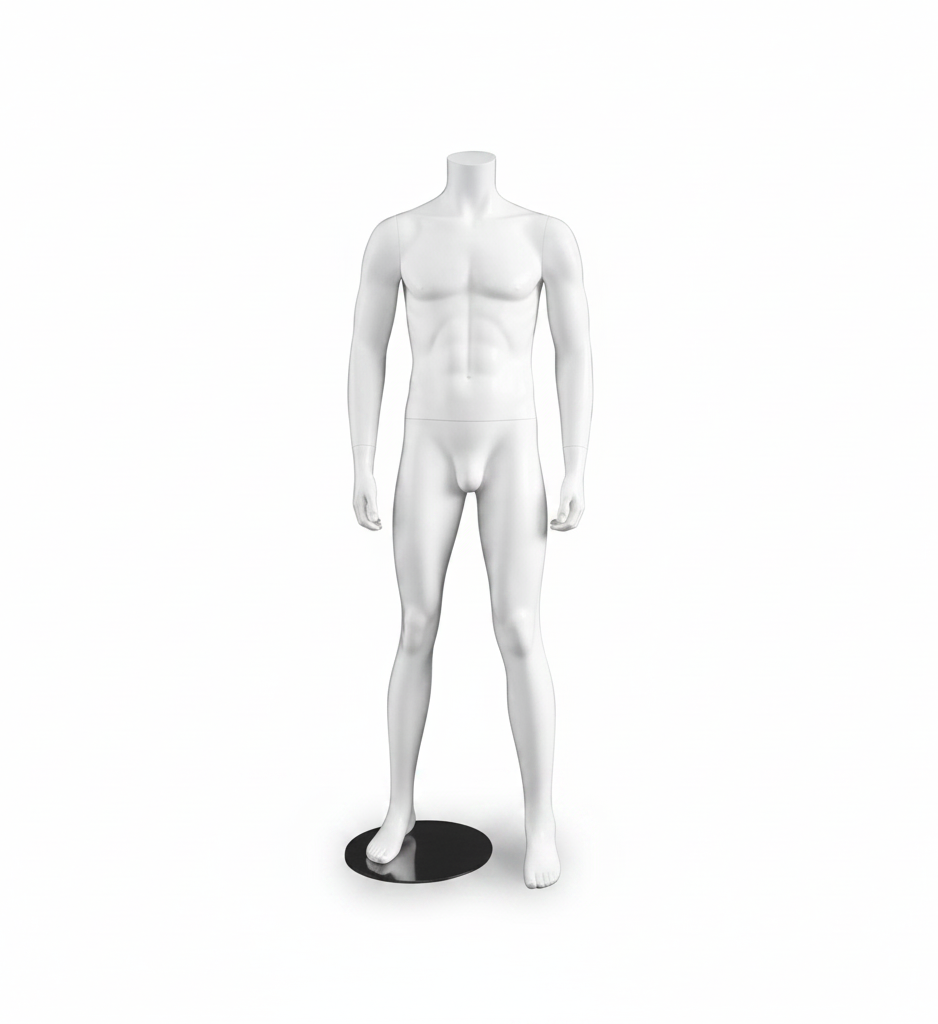 3000 herremannequin. Hvit uten hode. Rund metallfot. H 175 cm. Modell A, står med spredte ben