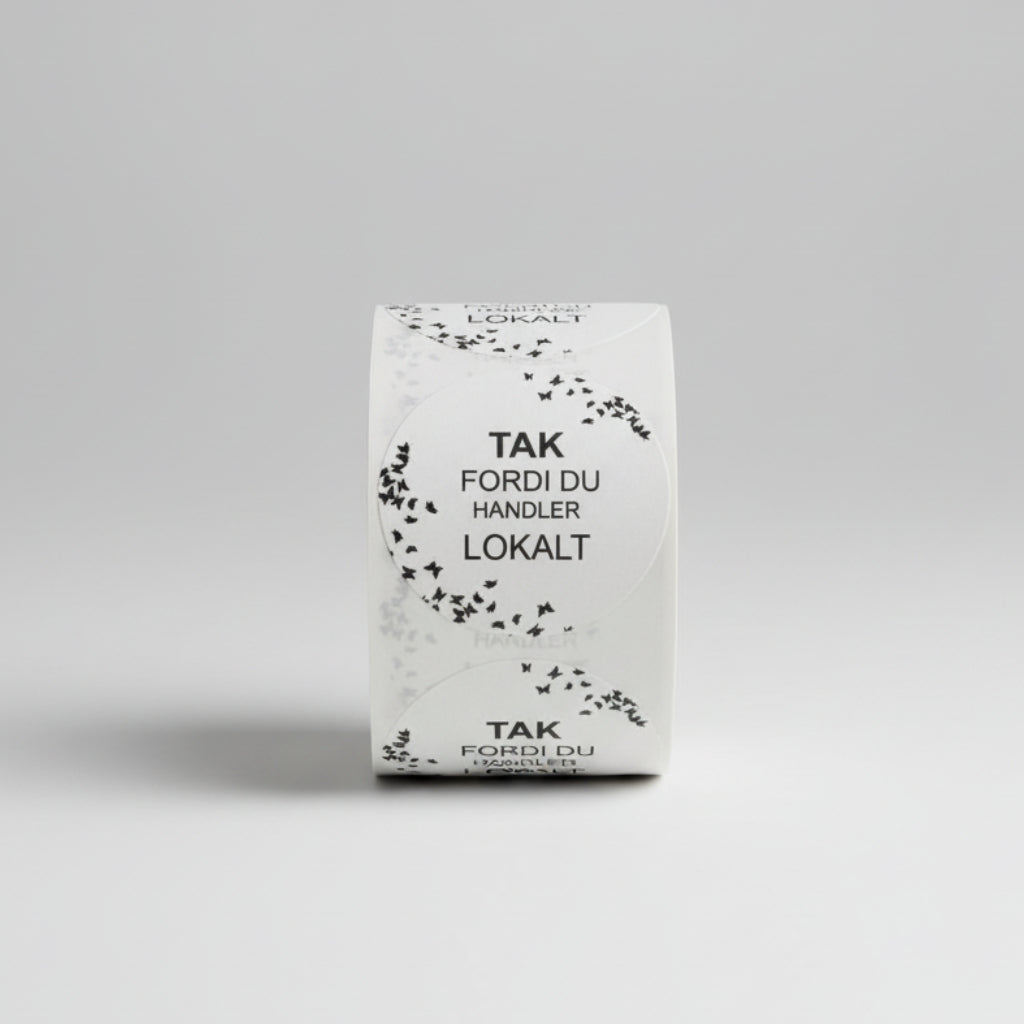 Rund etikett. 500 stk. per rull. TAKK FORDI DU HANDLER LOKALT