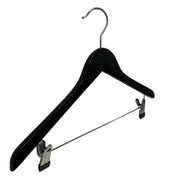 Trekleshenger i heltre, flat, voksen, med gummi og hakk, med klyper, blank svart, 12 mm tykk, 45 cm (b004-1014-sb)