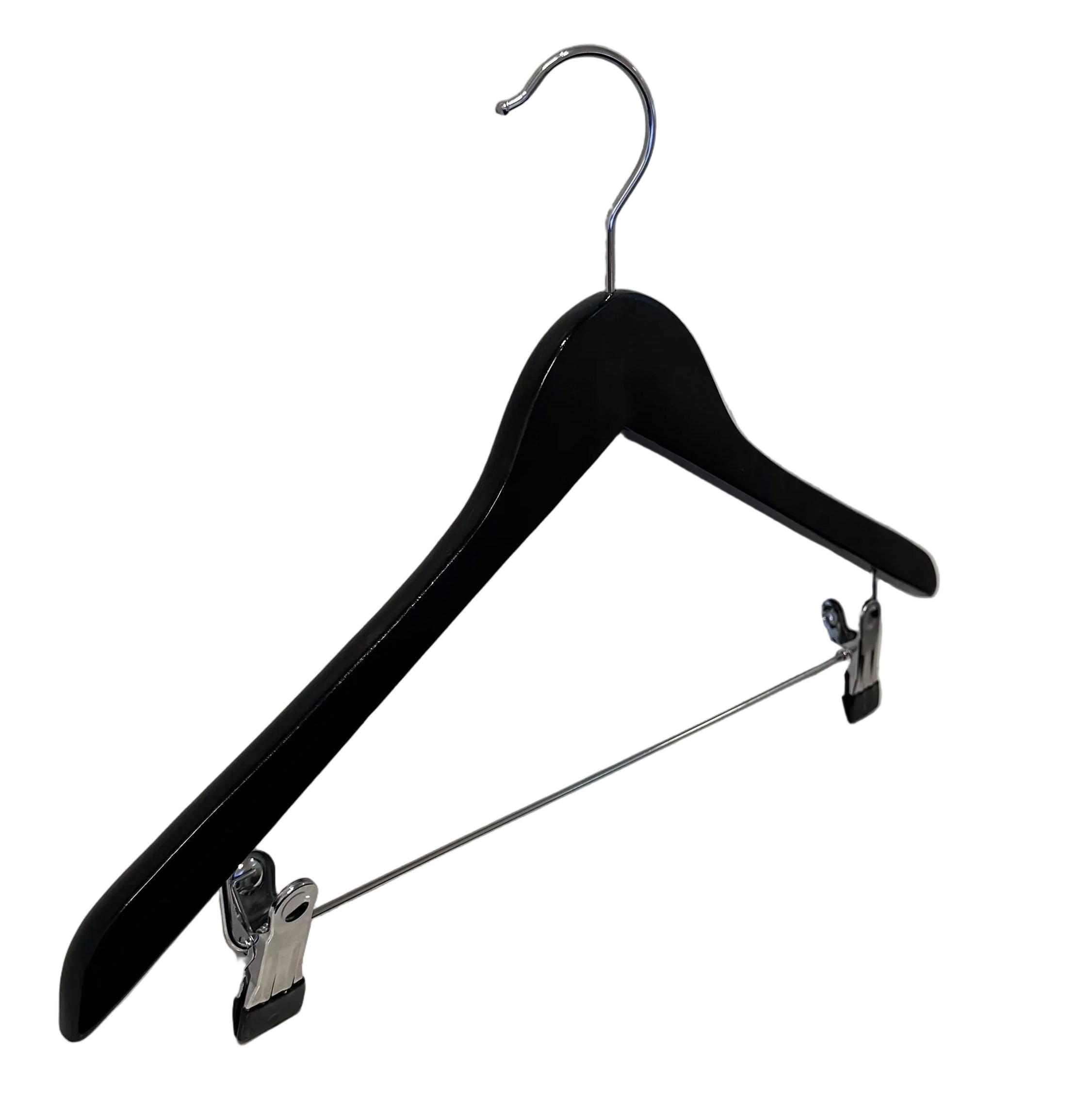 Trekleshenger i heltre, flat, voksen, med gummi og hakk, med klyper, blank svart, 12 mm tykk, 45 cm (b004-1014-sb)