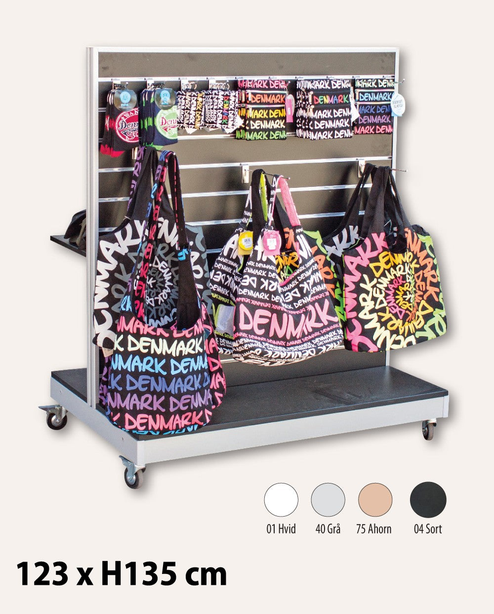 Dobbeltsidig gondol med rillepanel i aluminiumsfarget metalramme. Sort, B 120 x H 135 cm. Rilleavstand: 10 cm