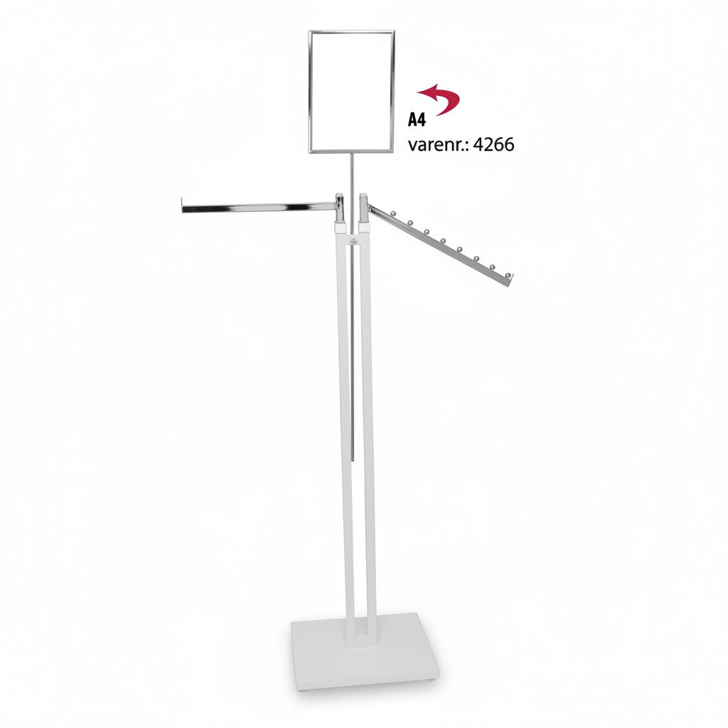 Joystativ, 1 rett og 1 skrå arm i krom, høydejusterbart, med stillesko, hvitt stativ, 80 x 39 cm, H125-195 cm