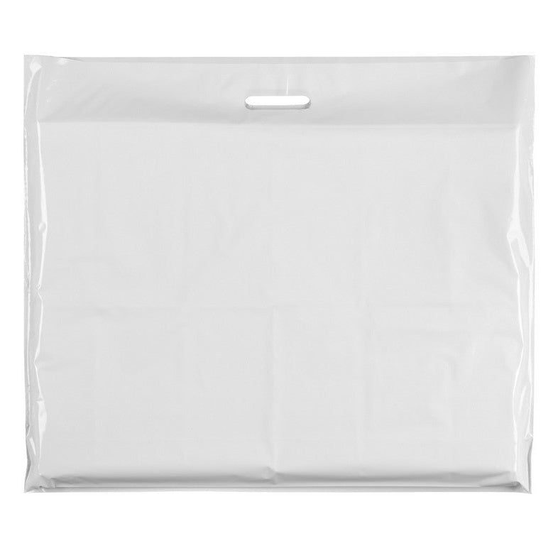 Plastpose, ekstra stor, hvit, pk. med 100 stk., 60 mikron, B 70 x D/BF 15 x H 60 cm, forsterkede håndtak