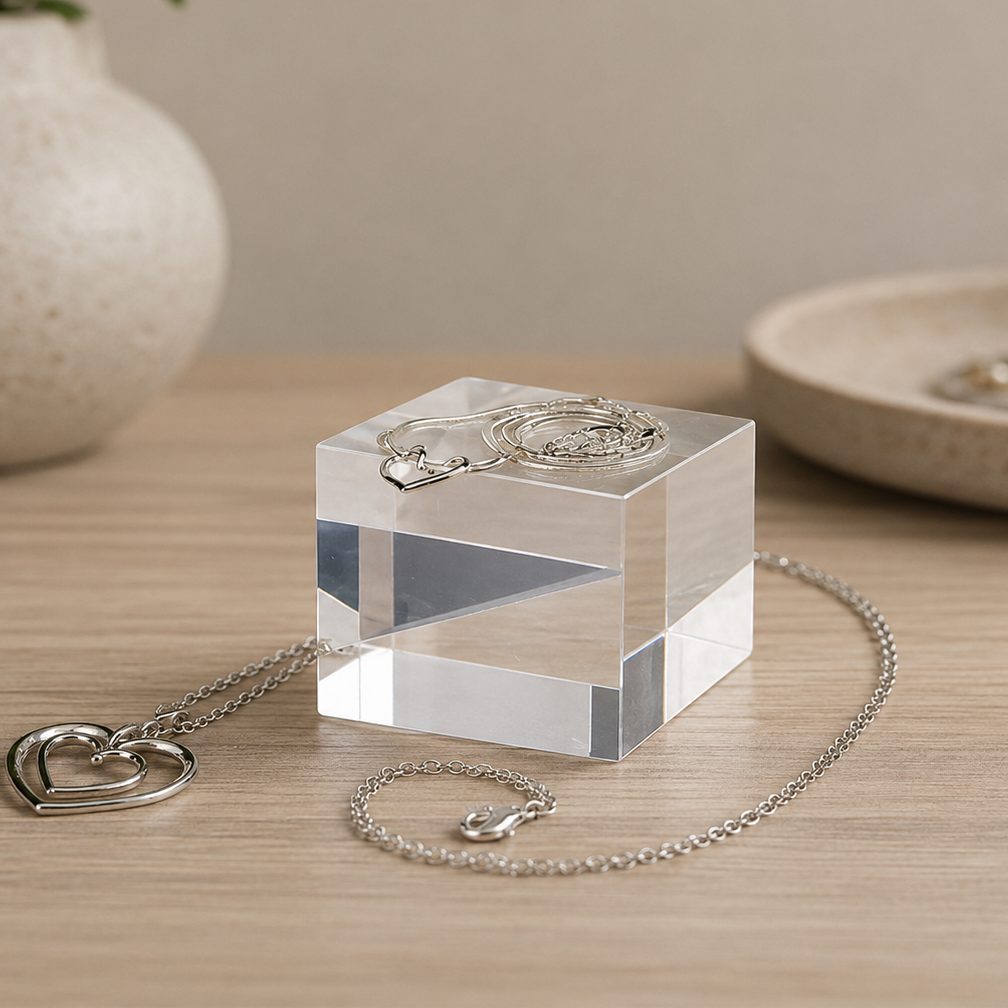 Displayblokk, klar akryl, 5 x 5 x H4 cm, til smykker