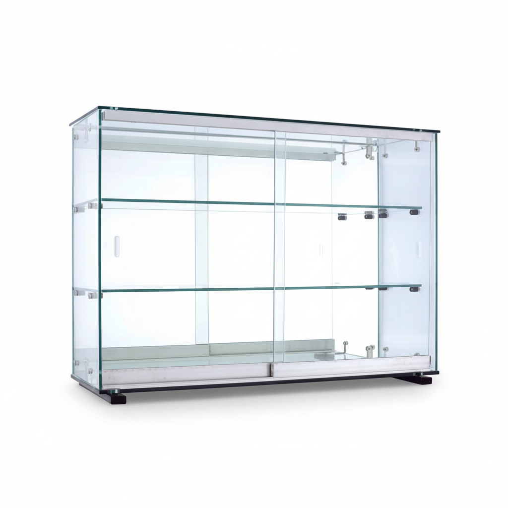 Normandie, kantet vitrineskap, bred, middels, med herdet glass, inkl. 2 hyller, skyvedører, speilbakside, 78 x 25 x 55 cm