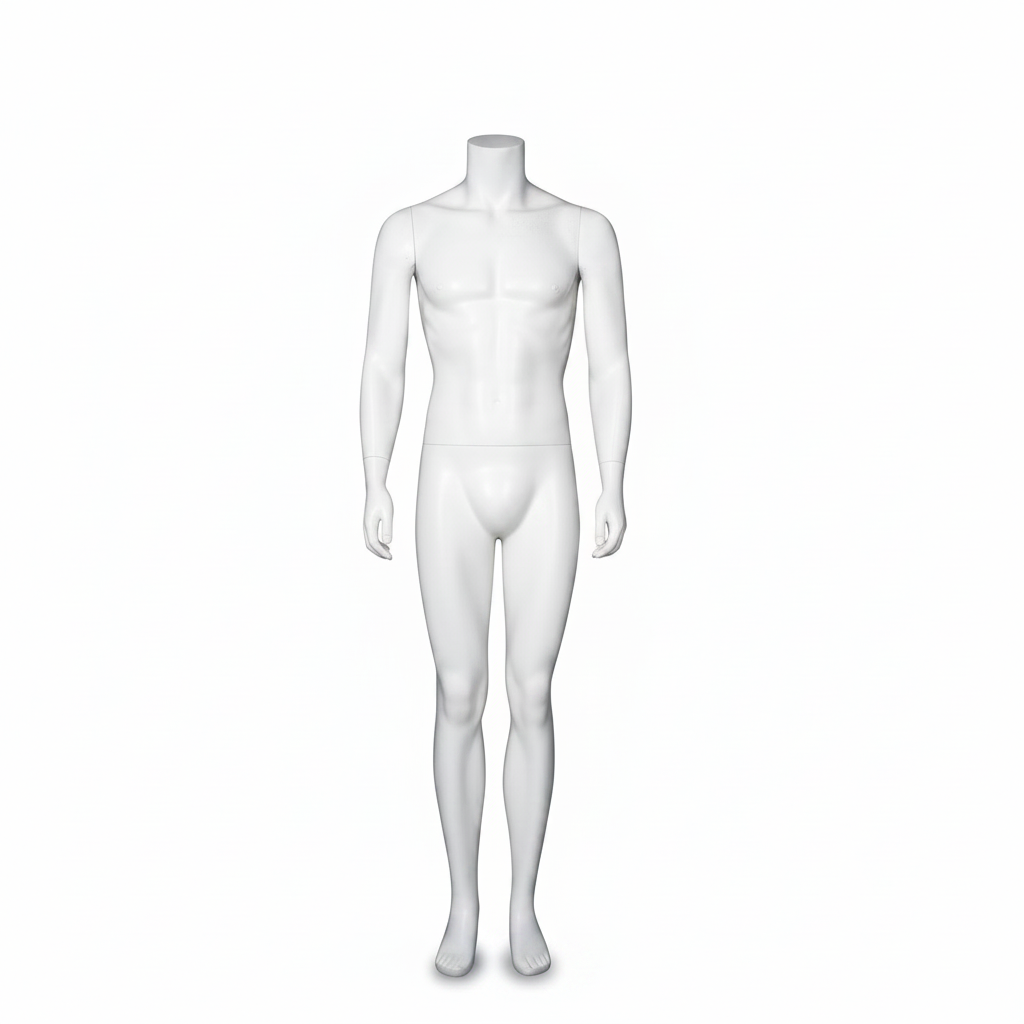 3000 herremannequin. Hvit uten hode. Rund metallfot. H 170 cm. Modell B - står rett
