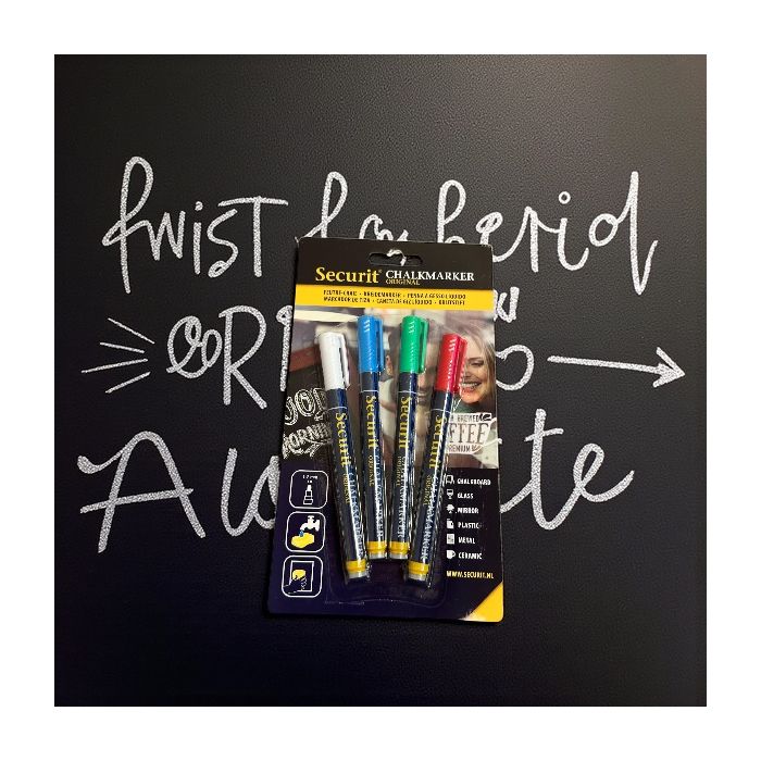 Tuschpenner, kritt tusj til tavler og glass, rød, blå, grønn og hvit, 4 stk., 1–2 mm