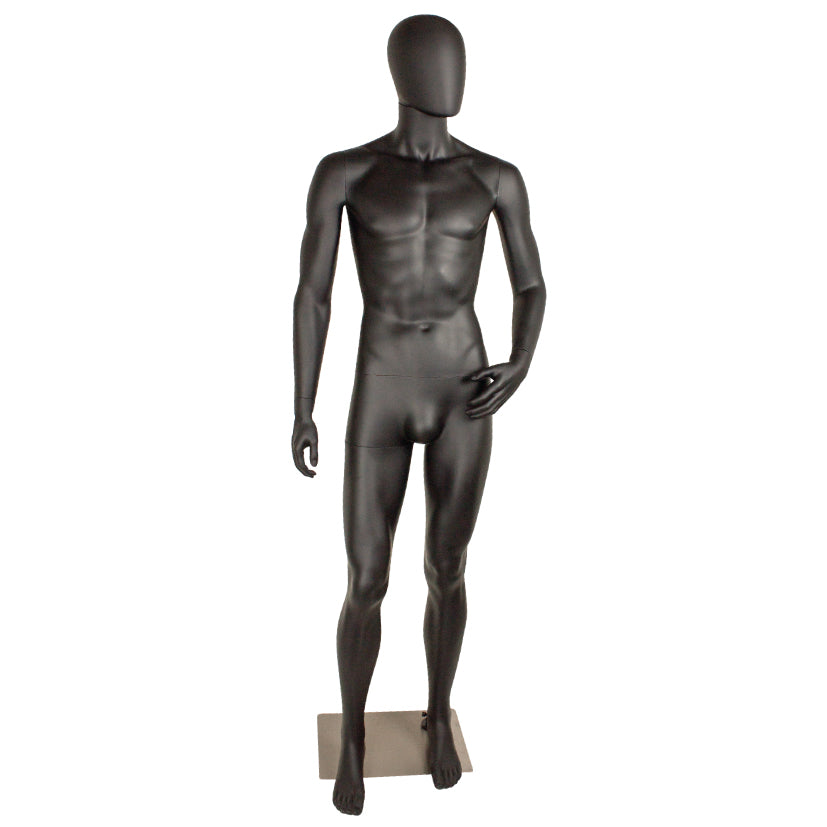 Standard herremannekeng, D, med bøyd arm, hode uten ansiktstrekk og børstet satin metallfotplate, svart