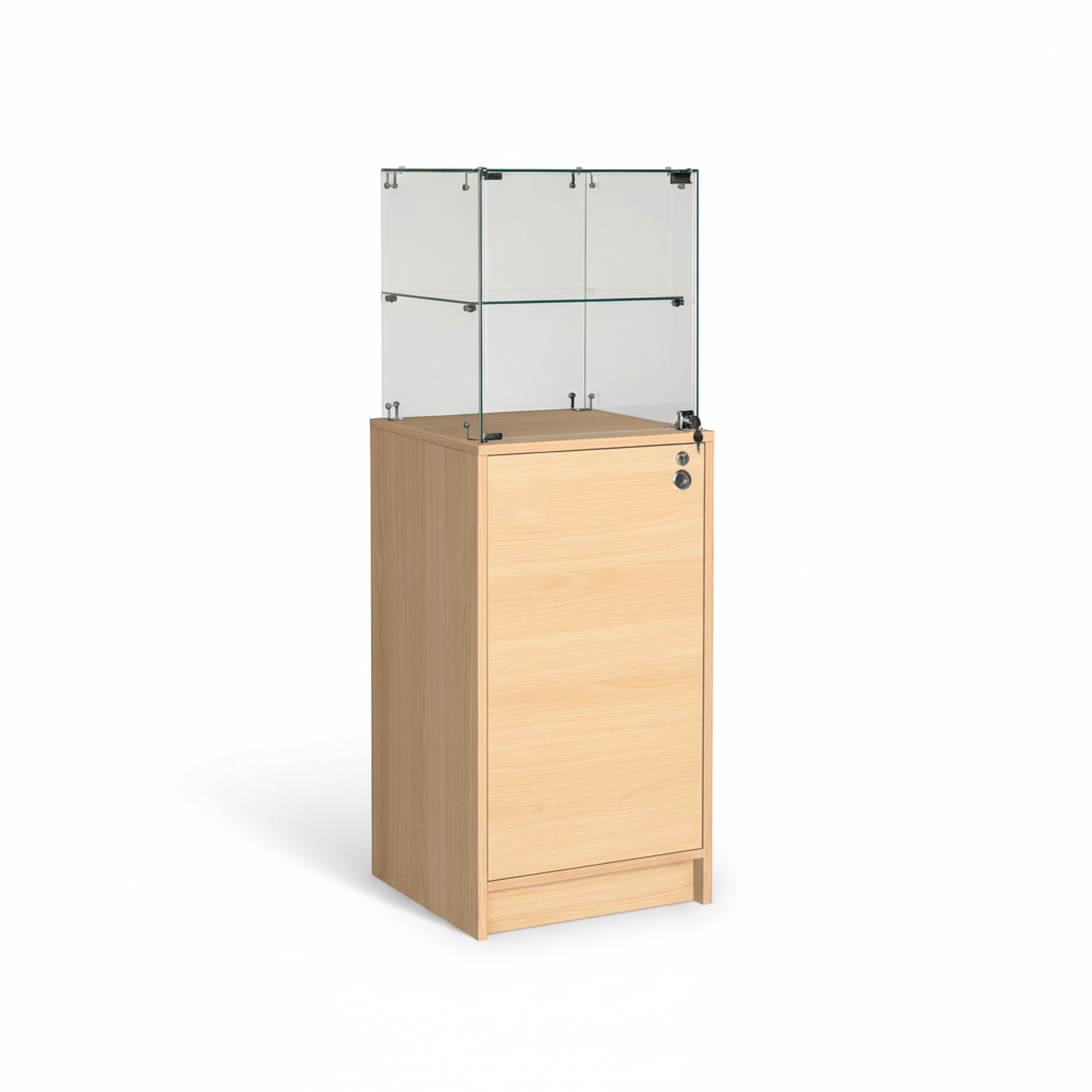 Slimline vitrineskap med underskap. Lås i vitrine og skap, ahorn, B46 x D46 x H148