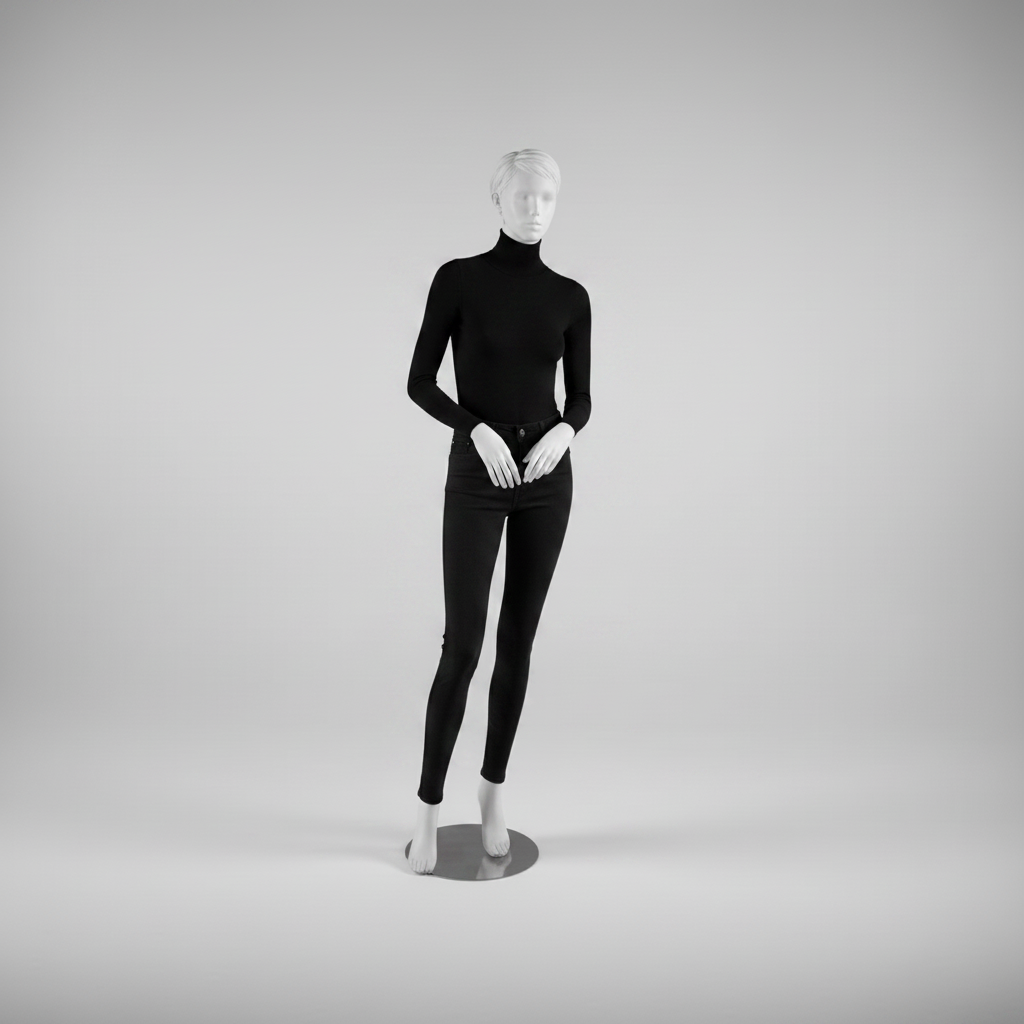 Realistisk dame-mannekeng. Hvit med hode, ansikt og skulpturert hår. Rund metallfot. Hånd i hånd