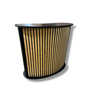 Buet disk med hylle. Front med akustikkplate / trelameller. B104 x D43 x H105 cm.