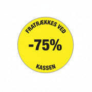 Gult rabattklistremerke 75 %. Rull med 500 stk. Ø 30 mm.