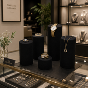 Smykkedisplays. Sett med 5 sylindriske smykkedisplays i svart Flock.