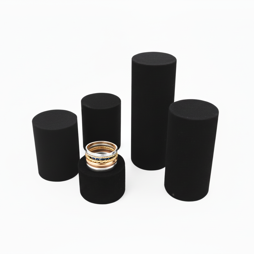 Smykkedisplays. Sett med 5 sylindriske smykkedisplays i svart Flock.