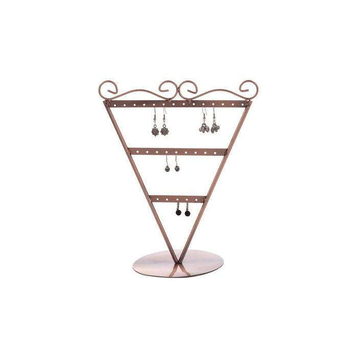 Ørestikkedisplay V-formet. Kobber. H23 cm. 13 par øreringer