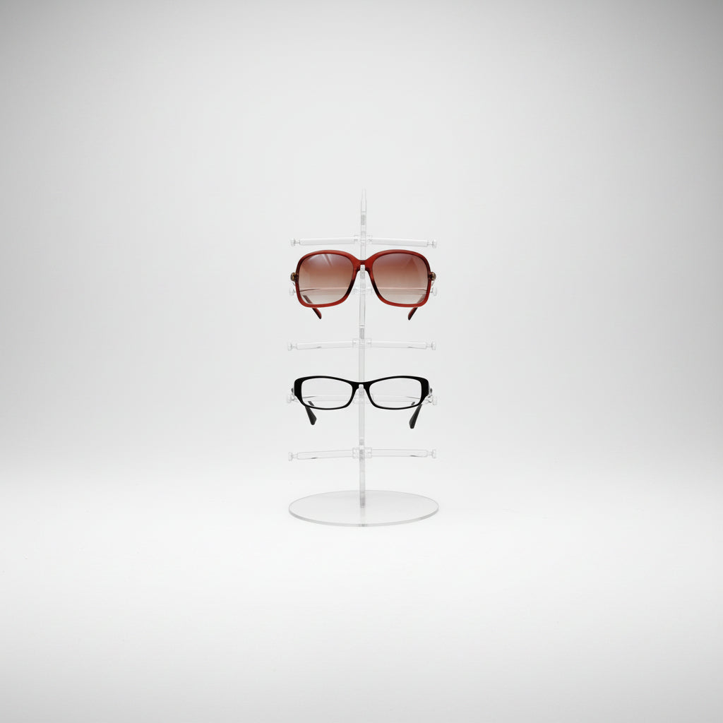 Brilledisplay på fot. Transparent t 5 briller. L 16 x B 10,5 x H 34 cm