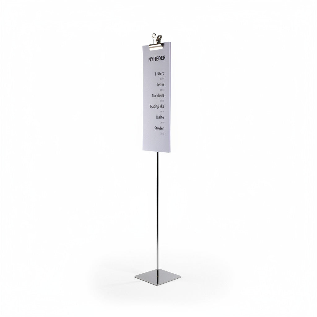 Skilt-holder med klemme, krom, fotplate 10 x 10 cm, H73 cm