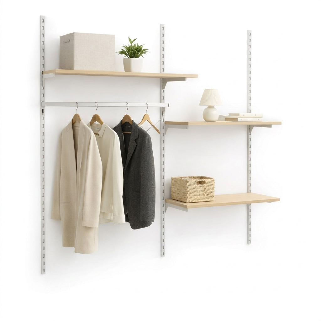 Veggsett med Framework skinner i hvitt, hyller i bøk og klesstang. Mål: ca. 185 x H244 cm. Som vist. Entré, garderobe og Walk-in.