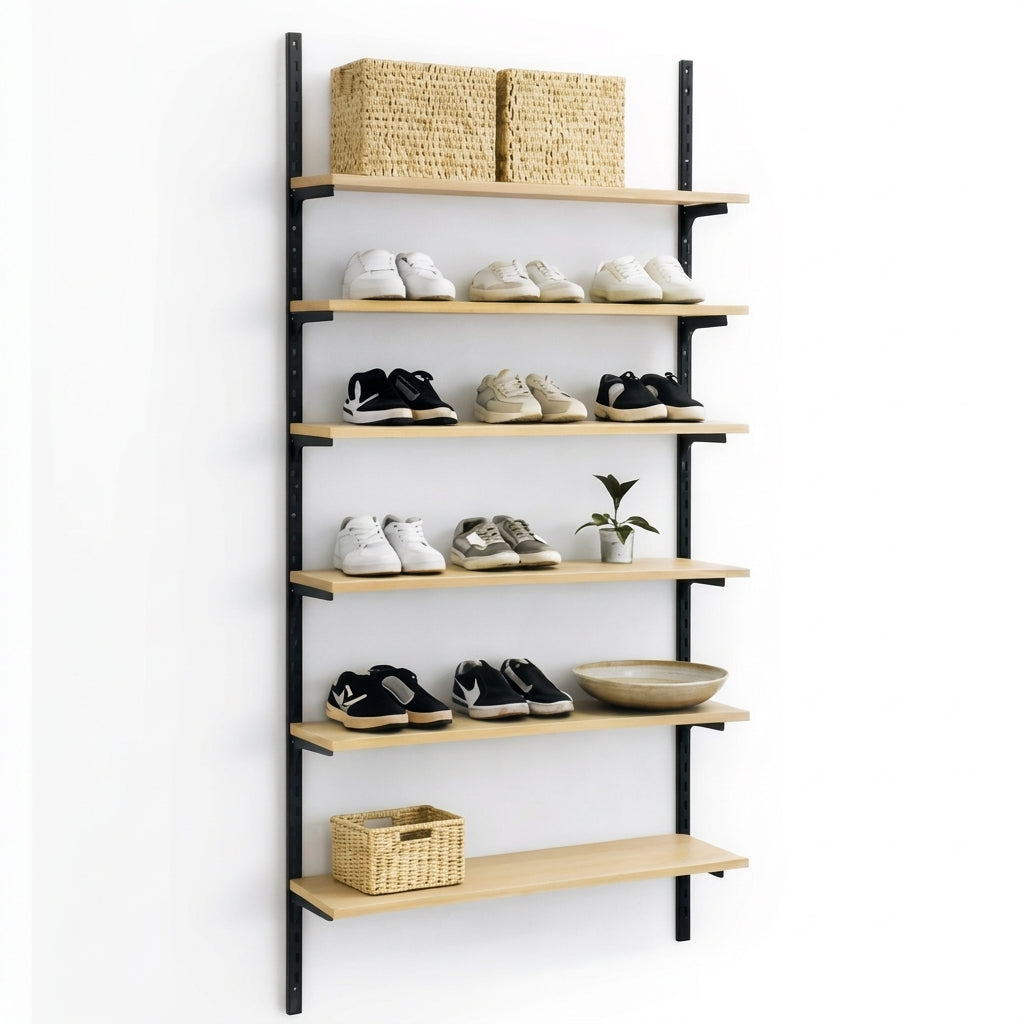 Veggsett med Framework skinner i svart, hyller i lønn. Mål: ca. 94 x H244 cm. Som vist. Hyllevarer, sko og oppbevaring.